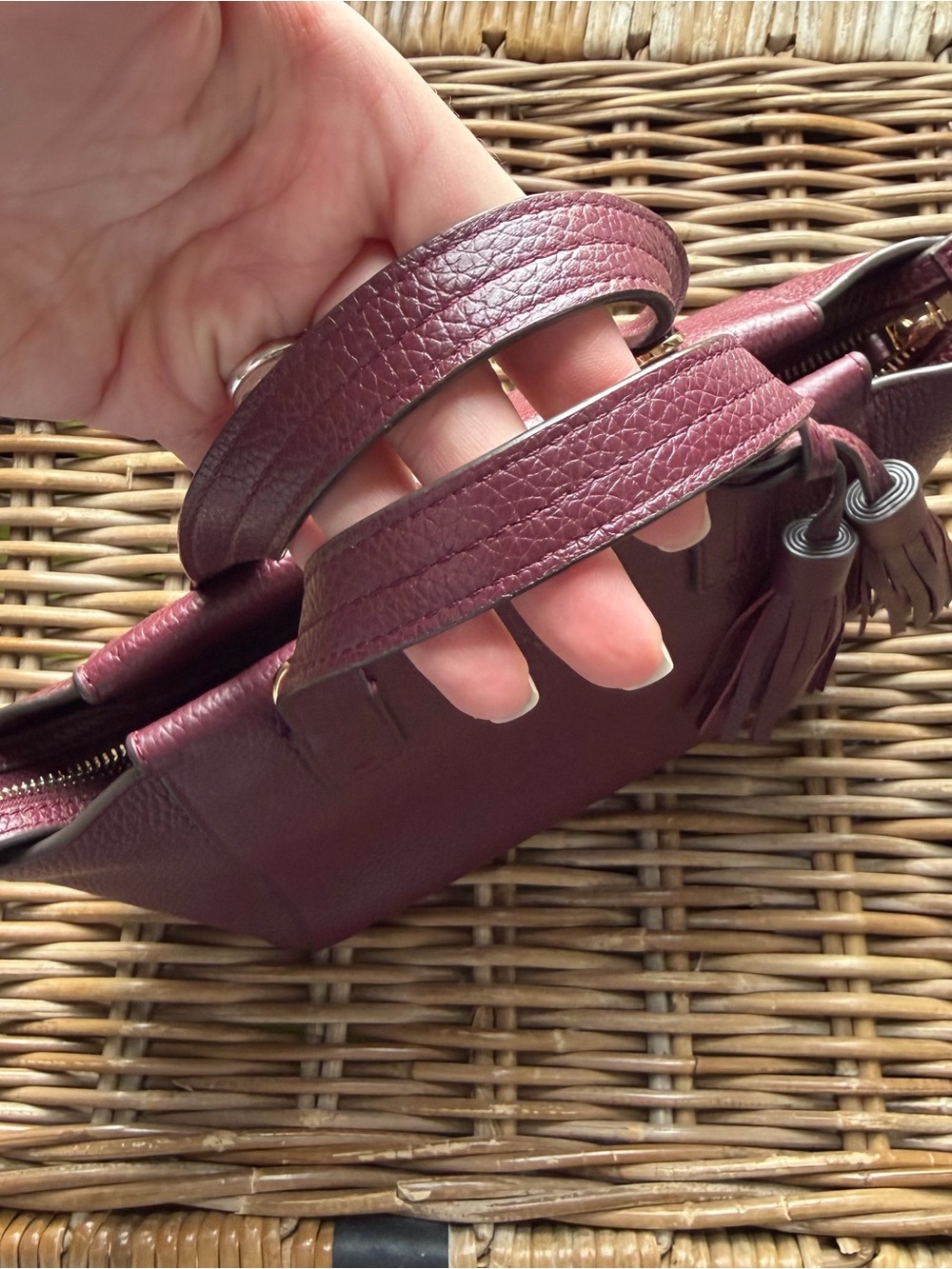 Tory Burch Mini Tote in Burgundy with Tassel And TB Key Chain - Picture 3 of 13